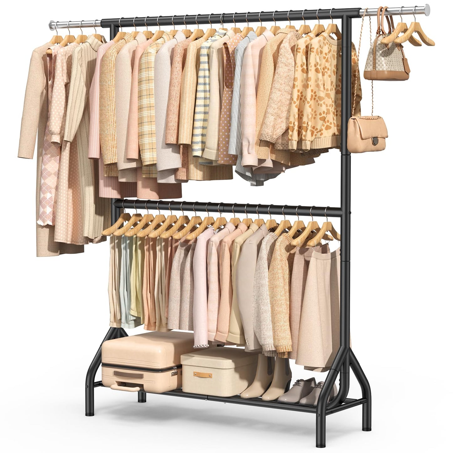 EAGMAK Double Rod Clothing Rack Load 622 LBS, Heavy Duty Clothes Rack for Hanging Clothes, 82.68 inch High Garment Rack with Sotrage Shelves, Metal Clothing Hanger Closet Wardrobe Organizer (Black)