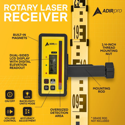 Adir Universal Rotary Laser Detector with Rod Clamp, Digital Laser Receiver with Dual LCD Display for Adir, Spectra, Leica, and Other Top Brand Rotary Red Lasers, 300m Range (LD-10)