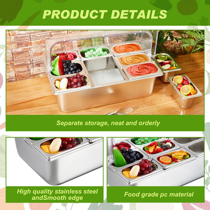 Condiment Tray Stainless Steel Serving Display Set with Lid for Buffet Restaurant Kitchen, Food Chilled Container for Salad Fruit Condiments, Keeps Food Fresh with Ice Box(9 Compartments)