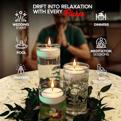 Candle Charisma White Floating Candles 3 Inch (Set of 24) – 8-Hour Dripless, Smokeless Burn with Natural Flickering Flame – Perfect for Weddings, Centerpieces, Pool Nights & Special Events