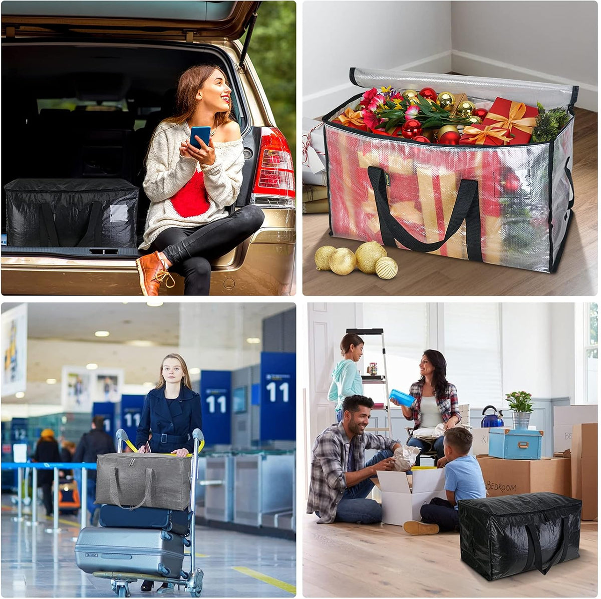 BALEINE 6-Pack Heavy-Duty Oversized Moving Bags - Reinforced Handles for Clothes Storage (Black)