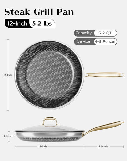 XBM Nonstick Frying Pan with Lid 12-Inch, Durable Stainless Steel Skillet, Induction Cooktop Compatible, PFOA-Free Scratch-Proof, Dishwasher & Oven Safe, Stay-Cool Handle, Silver Kitchen Cookware