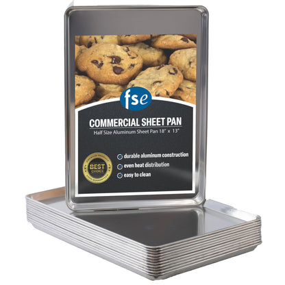 FSE Commercial-Grade 20-Gauge Aluminum Sheet Pan/Bun Pan, 18" L x 13" W x 1-1/8" H (Half Size) | Pack of 12