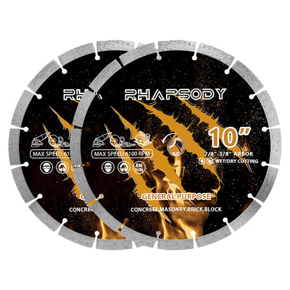 RHAPSODY 10 Inch Diamond Saw Blade 2Pcs, Segmented General Purpose Blade Dry/Wet Cutting Concrete, Masonry, Brick, Block, Paver 7/8"-5/8" Arbor