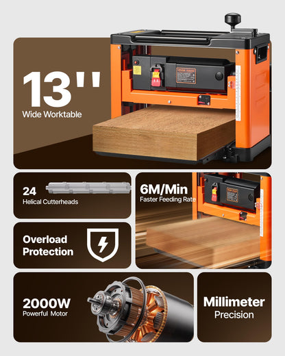 VEVOR 13-Inch Spiral Thickness Planer, Woodworking Power Benchtop Planer, with 2000W 23500 RPM Powerful Motor, Single Speed, for Hard & Soft Wood Material