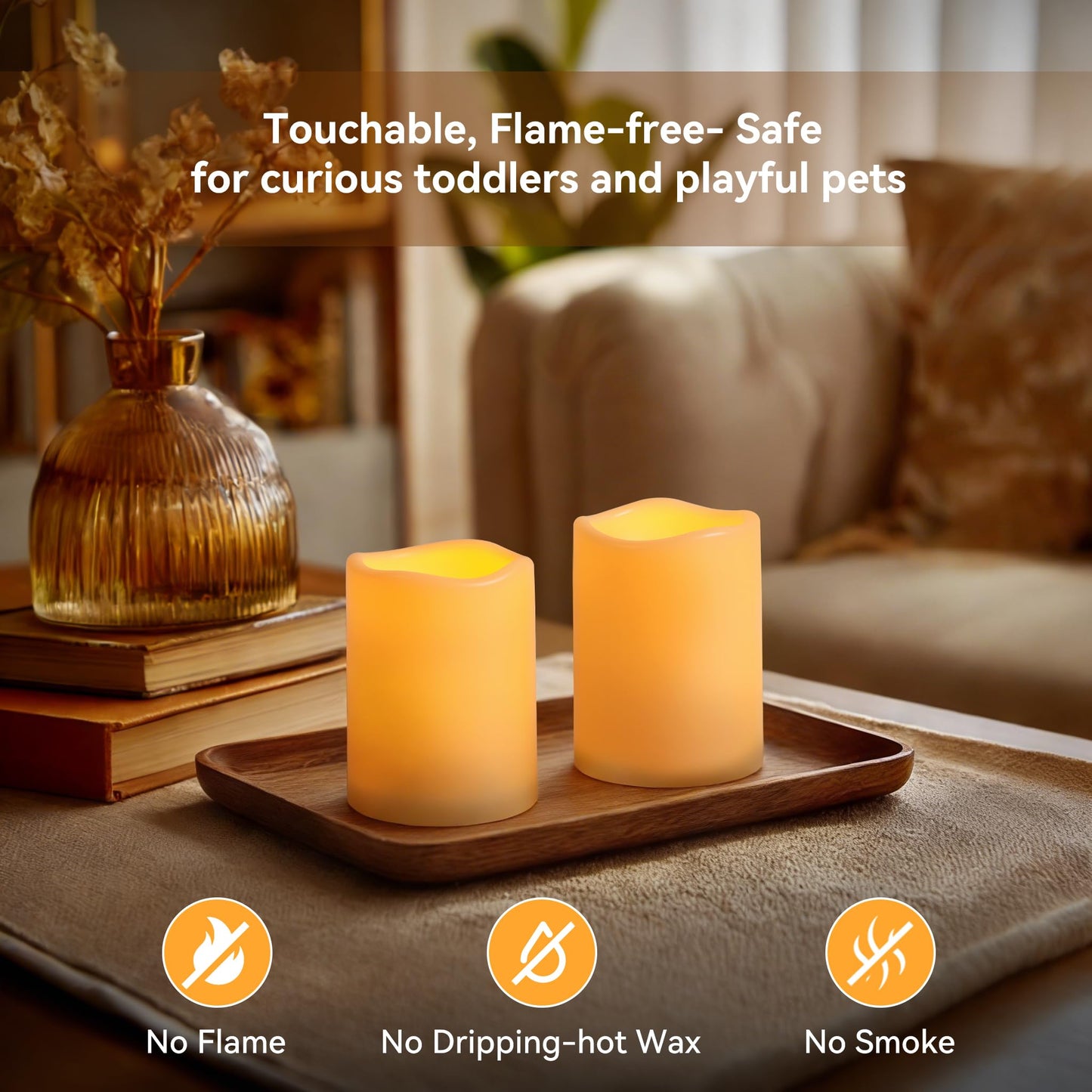 Raycare 3"x4" Outdoor Waterproof Flameless Candles, Battery Operated LED Electric Candles with Remote and Timers, Fake Pillar Candle for Patio, Porch, and Wedding Decor, Ivory, Set of 2