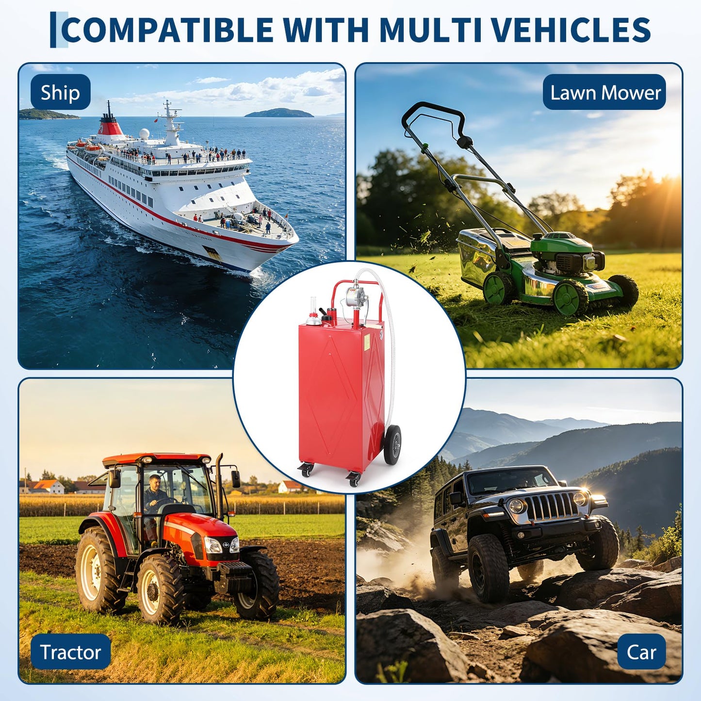 30 Gallon Portable Fuel Caddy with Manual Pump, Heavy Duty Mobile Fuel Transfer Tank On 4 Wheels, Gasoline & Diesel Storage Container for Trucks, Boats, ATVs, Lawn Mowers, Farm Equipment - Red