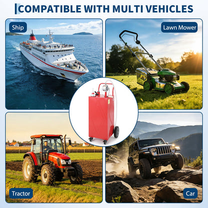 30 Gallon Portable Fuel Caddy with Manual Pump, Heavy Duty Mobile Fuel Transfer Tank On 4 Wheels, Gasoline & Diesel Storage Container for Trucks, Boats, ATVs, Lawn Mowers, Farm Equipment - Red