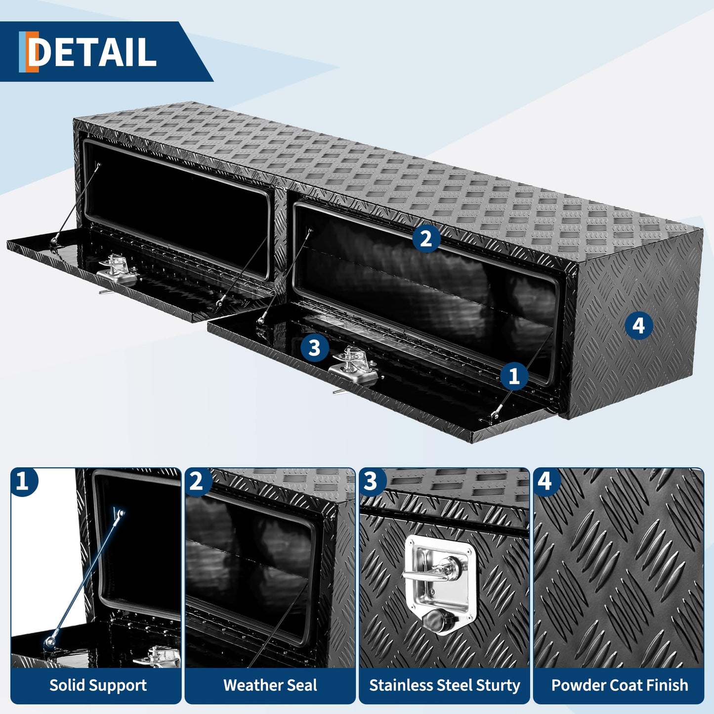 GarveeTech 72 in Truck Tool Box Heavy Duty Aluminum Storage Tool Box, Tool Chest Organizer w/Lock and Keys For Pickup, Truck Bed, RV, Trailer, Waterproof Black Box, 72 in x 16 in x 13 in