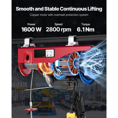 Happybuy Electric Hoist, 2200 lb Overhead Crane Garage w/Steel Hook, Remote Control & Emergency Stop Switch Ceiling Pulley Winch for Warehouse, Construction, Goods Lifting, 110V Red, 2200Lbs