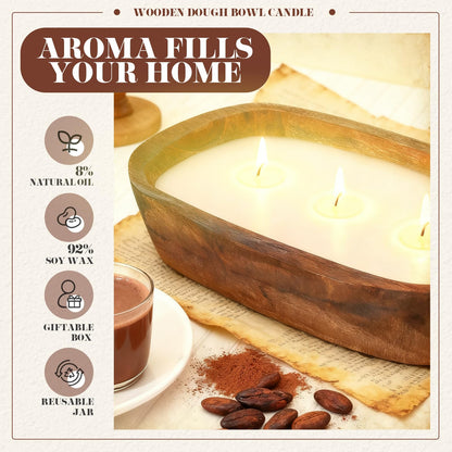 Threlaco 1 Pack 10 Inch Wood Dough Bowl Candles Home Rustic Dough Bowl Soy Candle 3 Wick Scented Candles Gifts for Men Women Farmhouse Table Centerpiece Home Decor for Christmas(Hot Cocoa)