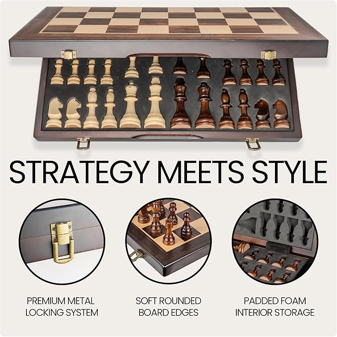 15 Magnetic Wooden Chess Set - Folding Portable Travel Chess Board - Hand Carved Pieces - Foam Storage Slots - 2 Extra Queens - Tournament and Beginner Play - Adults and Kids