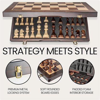 15 Magnetic Wooden Chess Set - Folding Portable Travel Chess Board - Hand Carved Pieces - Foam Storage Slots - 2 Extra Queens - Tournament and Beginner Play - Adults and Kids