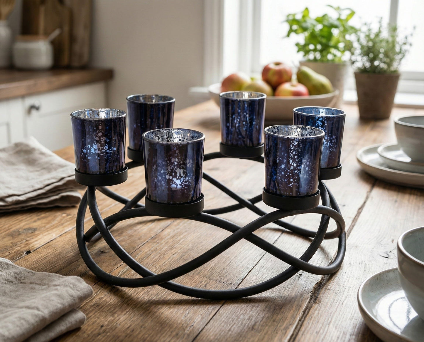 Seraphic Centerpieces for Halloween Table Decorations - Round Candle Holders for Outdoor Patio, Dining, Kitchen, Coffee & Wedding Table Decor, Black Iron Candelabra, 6 Black Glass Votive Tealight Cups