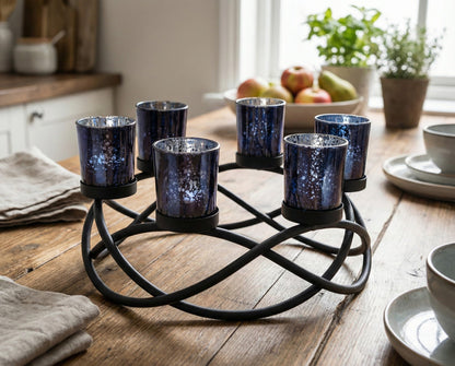 Seraphic Centerpieces for Halloween Table Decorations - Round Candle Holders for Outdoor Patio, Dining, Kitchen, Coffee & Wedding Table Decor, Black Iron Candelabra, 6 Black Glass Votive Tealight Cups