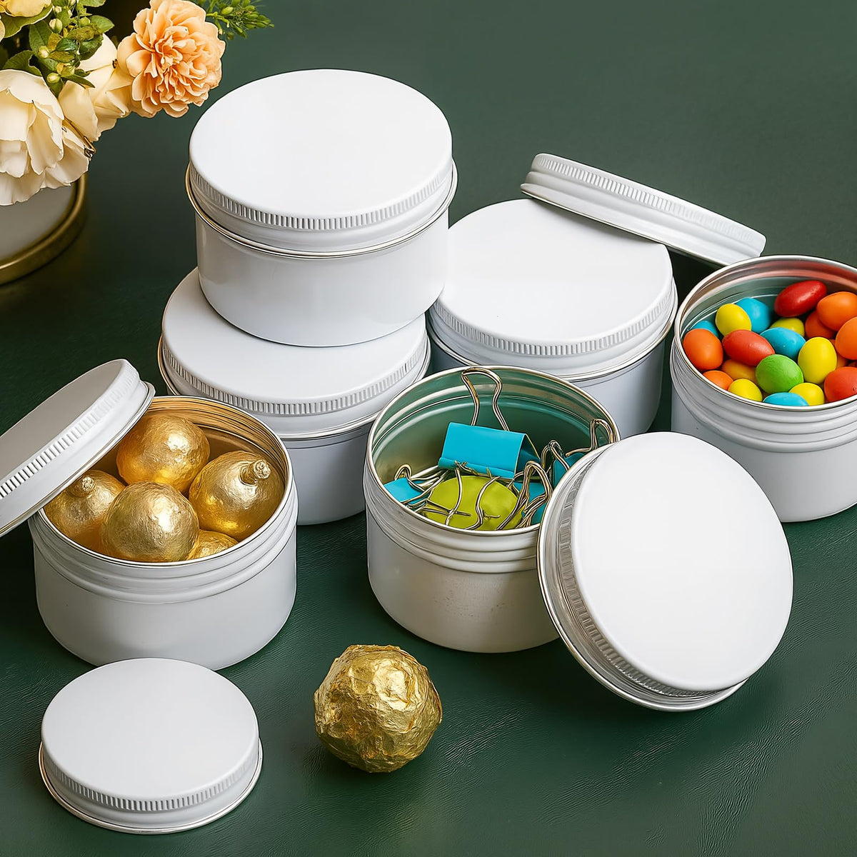 Patelai 36 Pcs 4 oz Metal Round Tins Aluminum Tin Cans Salve Tins Containers with Screw Lid 10 Sheets Stickers for Salve Spice Candies Balms Candles(White)
