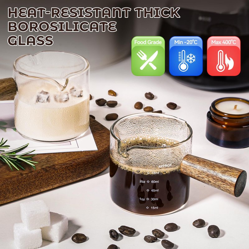 QWACVRTM 2 Pack Espresso Shot Cups Measuring cups, Wooden Handle V-Shaped Double Spout Espresso Shot Glass, Coffee Bar Essentials, coffee accessories