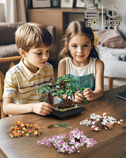 4 in 1 Bonsai Tree Building Set Four Season Cherry Bonsai Tree Building Kit Artificial Plant Decor for Home Desk Greenery Mother's Day Present Xmas Gifts for Adults Girls&ampBoys (529pcs)