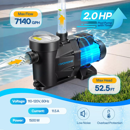 VIVOHOME Self Primming in/Above Ground Swimming Pool Pump w 1.25'' & 1.5" & 2.0'' Unions Energy Saving w/Strainer Baske, 7140 GPH