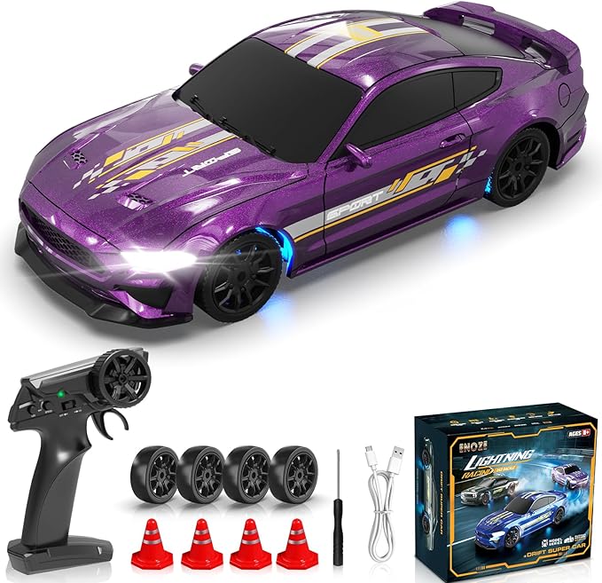 RC Drift Car 1/43 Scale Mini RC Drift Cars with Gyro 4WD Full Proporitonal High Speed Remote Control Car with LED Lights and Drifting Tire Hobby Racing Cars for Kids Boys Girls Purple