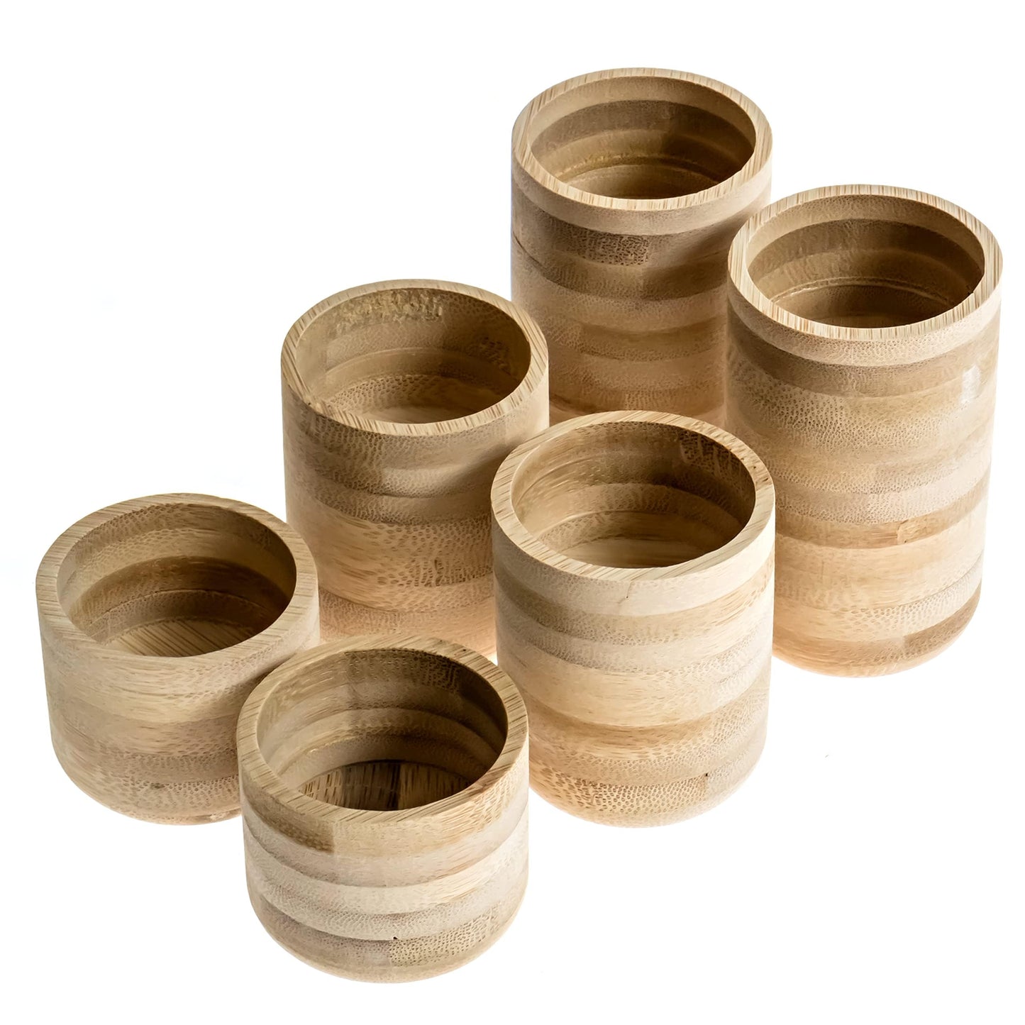 Bamboo Wood Tealight Candle Holder, Rustic Centrepieces, Wedding Wood Centerpieces, 6-Pack Wooden Candle Holders, 1.5, 2.25, & 3-Inch-Tall Table Wooden Tea Light Holders - Cedar and Ink
