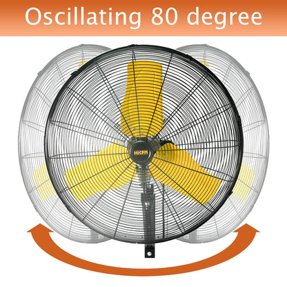 HiCFM 24" Oscillating Wall Fan, 8900 CFM High Velocity Industrial Wall Mounted Heavy Duty Shop Fans with 3 Speed Settings 80° Oscillation for Outdoor Commercial Garage Warehouse workshops Factory