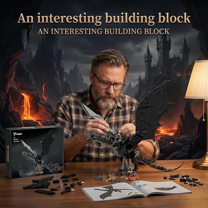 The Rings Dark Fantasy Giant Dragon with Witch King Figure Building Blocks Set - 80cm Large Scale Black Dragon with Lava Nest Base &amp Detailing for Adults 14+ (2199 Pieces)