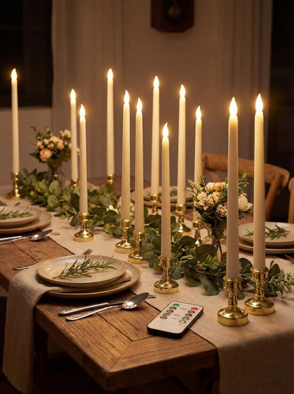 VIHOSE 24 Pcs Flameless Taper Candles with Holders Remote Timer Battery Operated Candles Bulk LED Candlesticks Flickering for Valentines Wedding Home Window Carnival Party Decor(Gold,Classic Style)