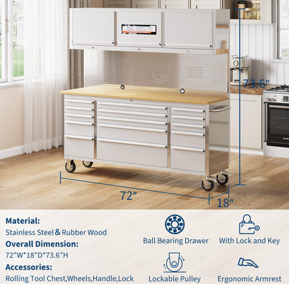 PeacefulHues 72 Inch Rolling Tool Chest with 15 Drawers, Rubber Wood Workbench Top, Anti-Fingerprint Steel, Lockable Wheels & Key Lock, Mobile Storage Cabinet Organizer for Garage & Workshop