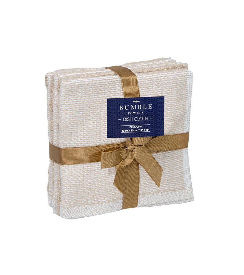 Bumble Premium Dish Cloths 13"x13" (6 Pack) | 100% Natural Ring Spun Cotton | 400 GSM | Highly Absorbent & Soft |Yarn Dyed & Solid Dyed Terry Dish Cloth Set - Tan