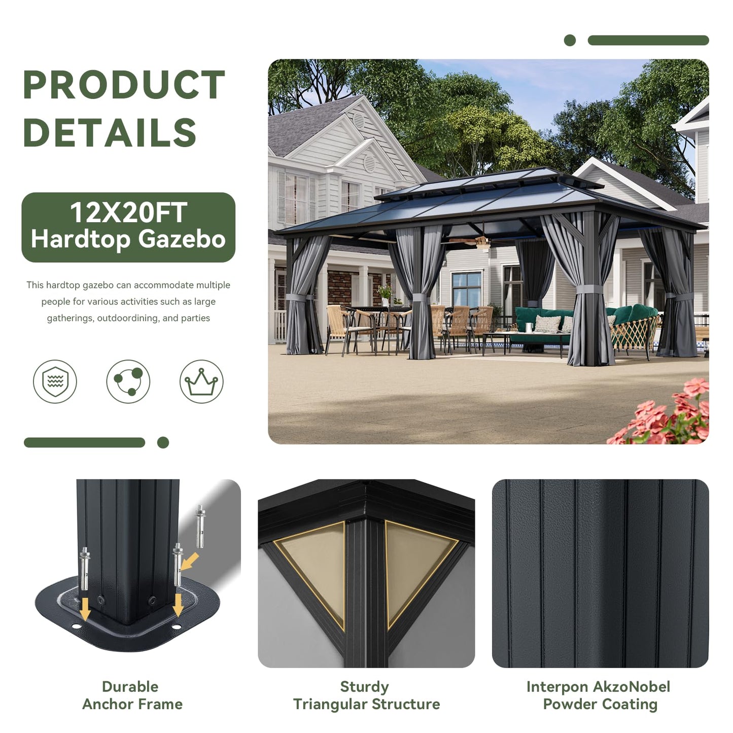Aoxun 12'x20' Hardtop Gazebo, Aluminum Frame Permanent Pavilion with Curtains and Netting, Outdoor Polycarbonate Double Roof Canopy, Designed for Garden, Lawns, Patio, Gray