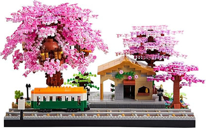 Japanese Cherry Blossom Tree Flower House Micro Building Blocks Set for Adults Bus Station Mini Bricks Model Treehouse Decorative Architectural
