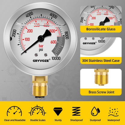 Hydraulic Pressure Test Kit - 5 Gauges (150-10000 PSI), 13 Couplings, 14 Tee Connectors with Markings, 6 Hoses + Extension Adapter (Reach 10.8 ft), for Excavators, Loaders, Hydraulic Machinery