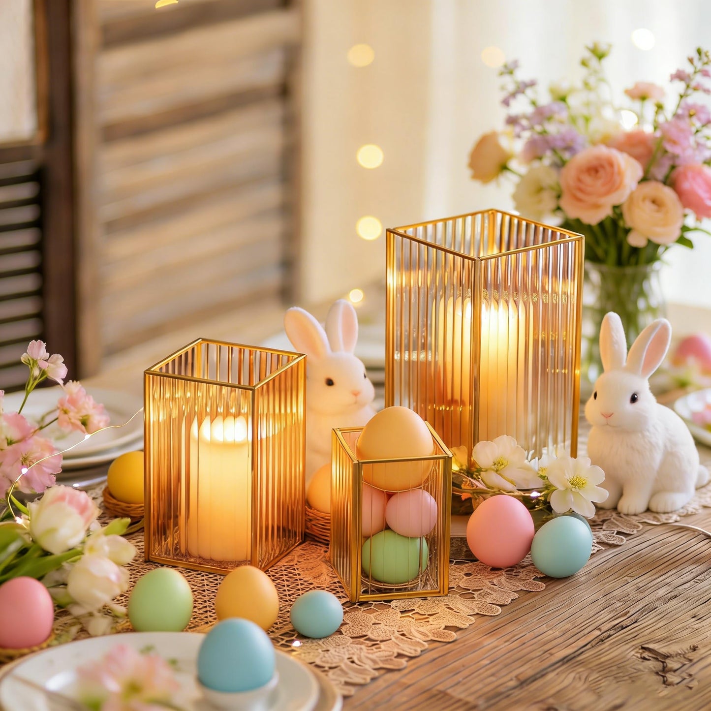Glasseam Hurricane Glass Candle Holder: Ribbed Gold Pillar Candle Holders Set of 3 Square Metal Candle Holders for Table Centerpiece Modern Small Lanterns Decorative Indoor for Christmas Wedding Decor