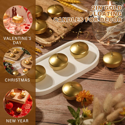 GINITIRI 2 inch Gold Floating Candles, 48 Pack Unscented Floating Candles for Centerpieces,5-6 Hours Water Activated Candle Bulk for Cylinder Vases Wedding Pool