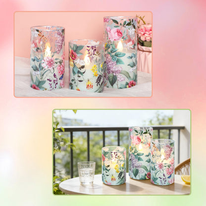 Silverstro Floral Flameless Candles with Remote Timer, Pink Rose and Lilac Pattern LED Glass Candles, Battery Operated for Home Party Wedding Christmas Spring Valentine's Day Decor, Set of 3