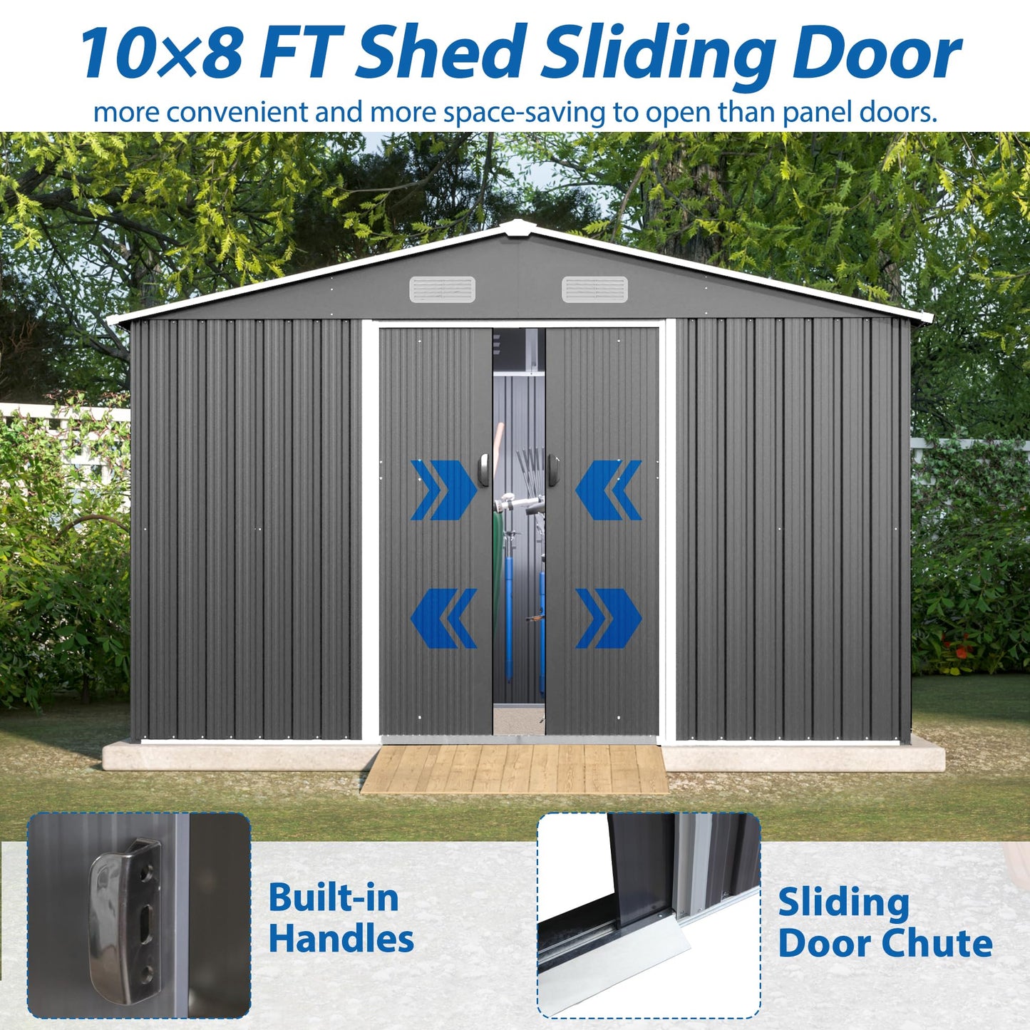 10'x8' Galvanized Steel Outdoor Storage Shed with Top Air Vents, Lockable Sliding Double Door Large Garden Tool Organizer, Gray