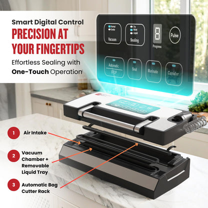 Magic Mill Pro Liquid Vacuum Sealer Machine, New Patent Technology for Liquid, Dry, Moist Food, Upgraded Handle Lock, 90Kpa Bag Storage, Built-in Cutter, Removable Drip Tray, Double Seal for Freshness