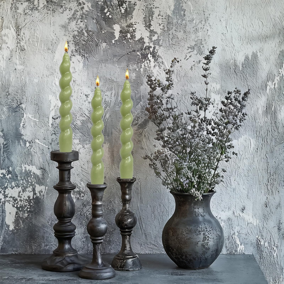 Smokeless Green Short Spiral Twisted Taper Candle，7.5 Inches Dripless Candlesticks 2 Pack Unscented Stable Flameg Candle for Home Decor Weddings & Holiday