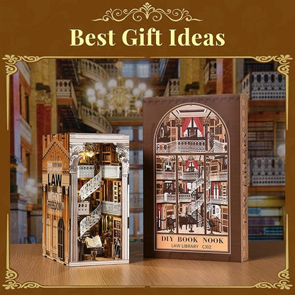 DIY Book Nook Kit for Adults 3D Wooden Puzzle Bookend Bookshelf Insert Decor with LED Light and Dust Cover (Law Library)