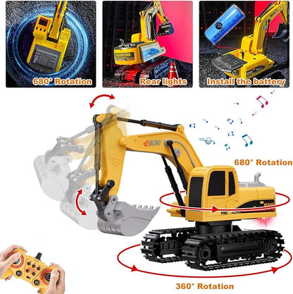 RC Excavator and Dump Truck Toy Set for Kids - 11 Channel Remote Control Construction Vehicle with Lights and Sounds Music 2.4Ghz Rechargable Digger Car Gifts for Boys Kids Ages 6-8