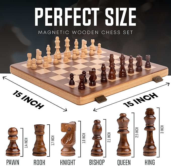 15 Inch Magnetic Wooden Chess Set for Adults &amp Kids - Folding Travel Chess Board with Handcrafted Staunton Pieces Extra Queens and Storage Slots