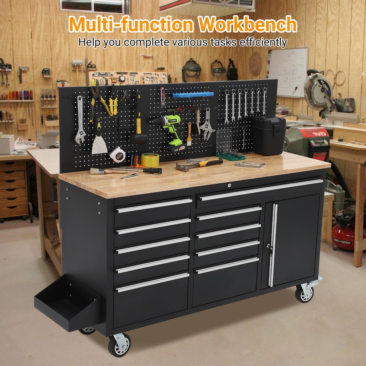GarveeLife 61-Inch Rolling Tool Chest with 10 Drawers Garage Workbench, Solid Rubberwood Top, Storage Cabinet with Wheel Lock and Key Lock for Workshop, Garage, Kitchen and Home