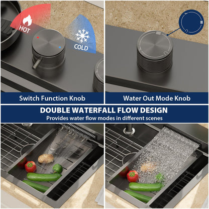 Lordear 30 Drop In Kitchen Sink with Faucet 30x22 Inch Black Waterfall Kitchen Sinks Topmount Stainless Steel 16 Gauge Single Bowl Workstation Kitchen Sink With Faucet Combo