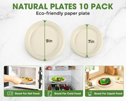 BSDPREF 300 Pack Paper Plates Set Party Supplies Severs 50 Guests Disposable Party Plates Sugarcane Forks Knives Spoons Heavy-Duty Paper Plate Bagasse Natural Compostable Eco-Friendly Birthday Wedding