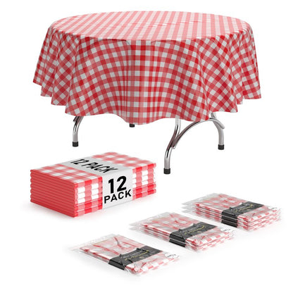 Exquisite Picnic Table Cover - 12 Pack Premium Round Tablecloth - Red & White Checkered BBQ Plastic Table Cover - Gingham Checkerboard Disposable Plastic Tablecloth 84 inch. Round