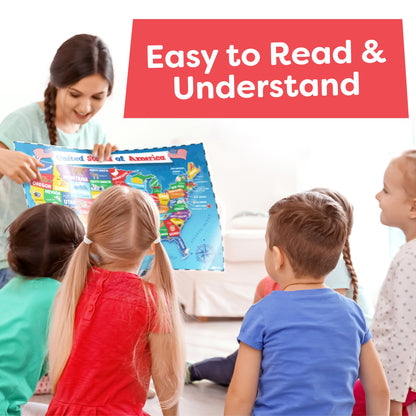 Momo & Nashi United States Map For Kids & World Maps For Kids 2pc Set - 24” x 16” Waterproof Classroom Posters - Childs World Map - Teacher Classroom Must Haves - Homeschool Teacher School Supplies