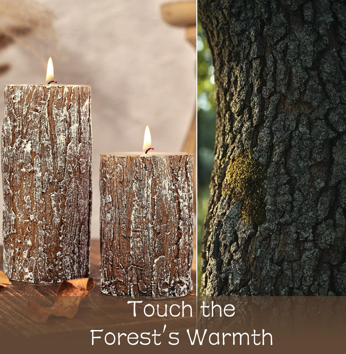 Classic Pine Tree Bark Texture Pillar Candles Set - Real Wax 3 Sizes (4", 5", 6" Tall) Rustic Decor Fireplace Candles, Unscented Woodland Style Pillar Candle for Home, Dining Table, Holiday Decor