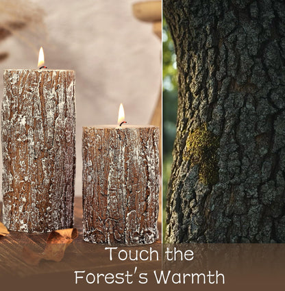 Classic Pine Tree Bark Texture Pillar Candles Set - Real Wax 3 Sizes (4", 5", 6" Tall) Rustic Decor Fireplace Candles, Unscented Woodland Style Pillar Candle for Home, Dining Table, Holiday Decor