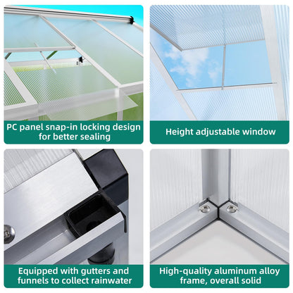 GAOMON 6 x 8 ft Greenhouse for Outdoor with Sliding Door, Green House with Polycarbonate Panel & Ajustable Roof Vent & Ground Nails, Walk-in Aluminum Greenhouses for Garden, Patio